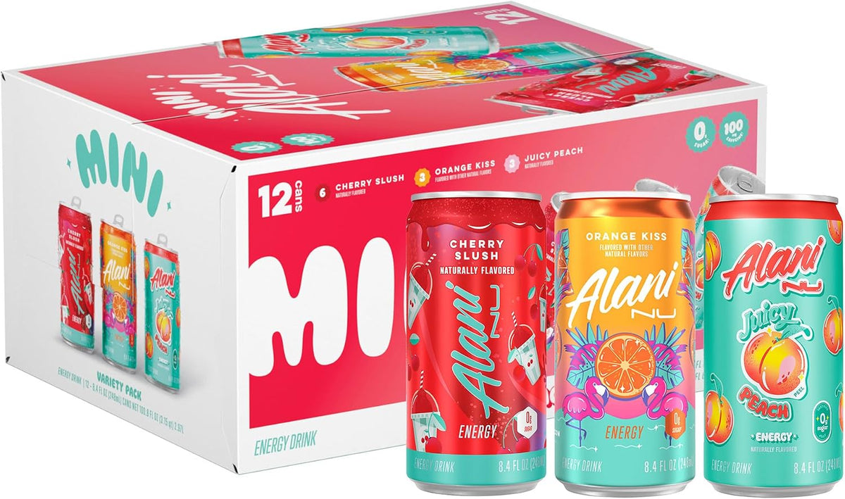 Box of Alani energy drinks with various flavors displayed