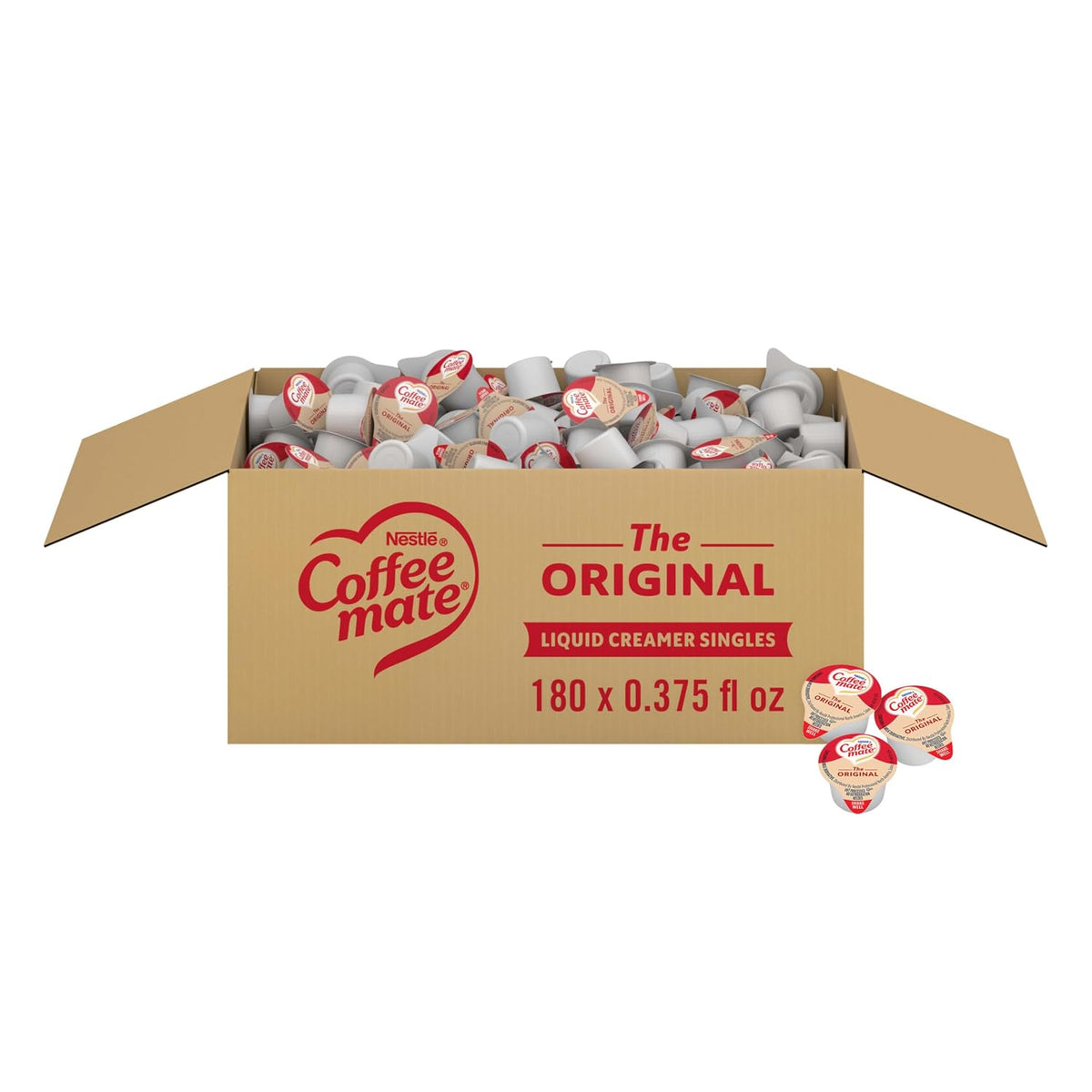 A large cardboard box of Nestle's Coffee Mate The Original Liquid Creamer Singles, filled with single-serve coffee cups, shown on a white background with three individual cups displayed in front.