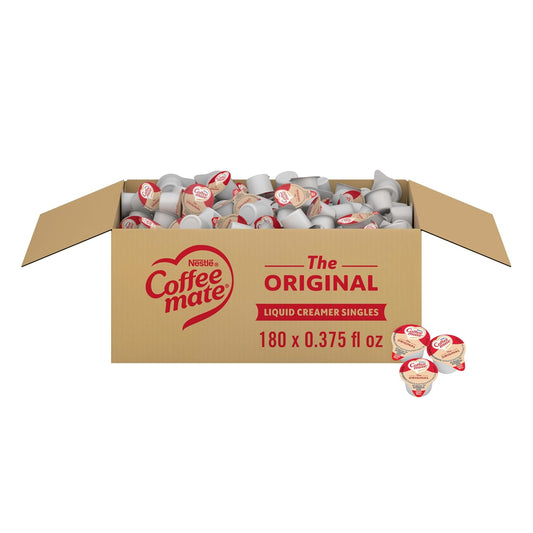 A large cardboard box of Nestle's Coffee Mate The Original Liquid Creamer Singles, filled with single-serve coffee cups, shown on a white background with three individual cups displayed in front.