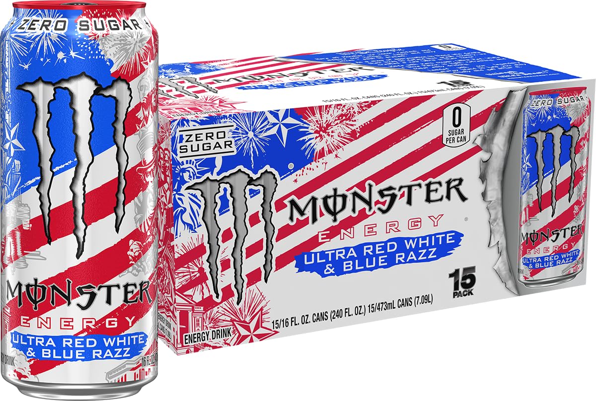 Monster Energy Ultra Red White & Blue Razz sugar-free 16 oz cans, 15-pack