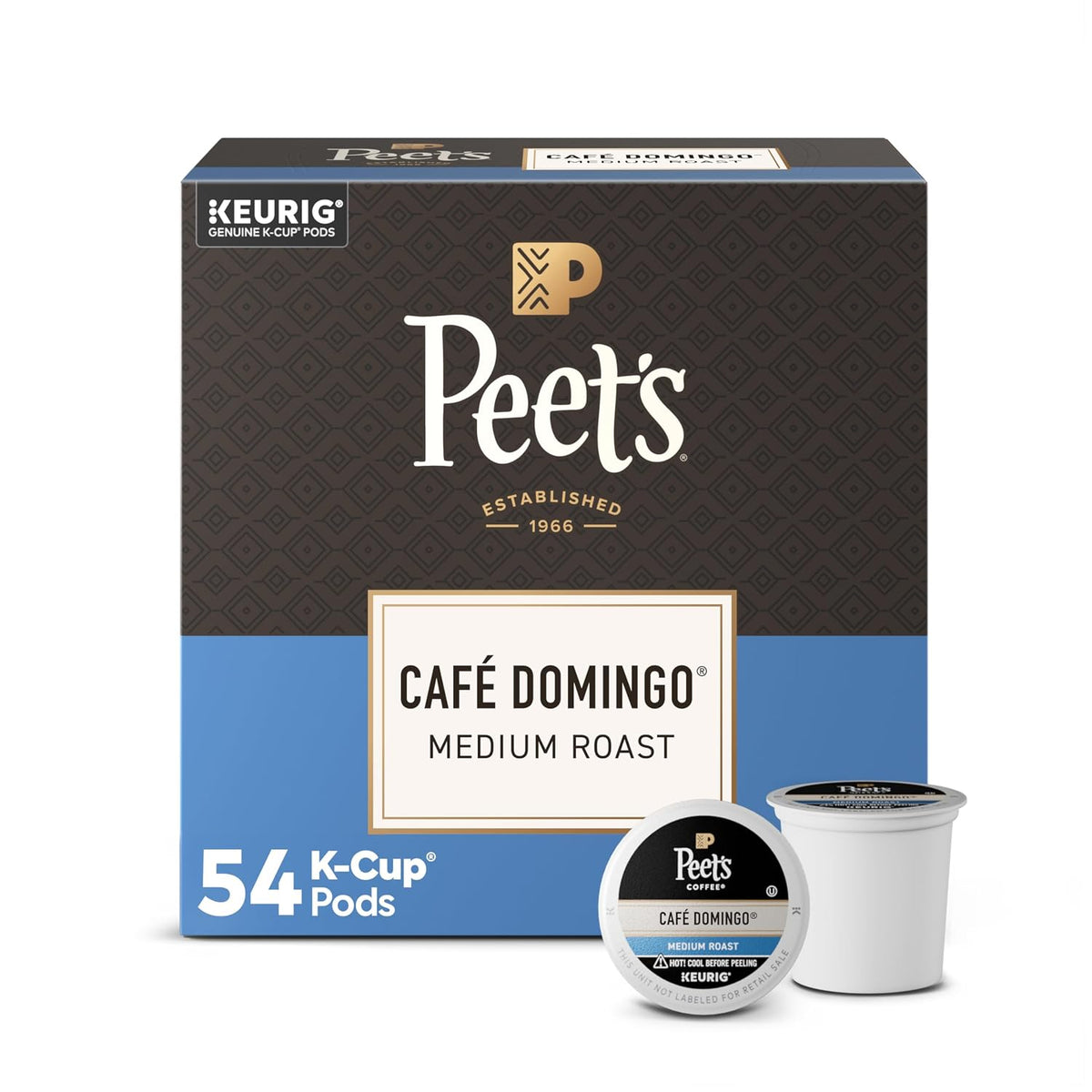 Front view of Peet's Café Domingo medium-roast coffee pods, 54-count pack”