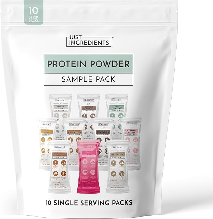 Just Ingredients Protein Powder Sample Pack in a white resealable stand-up pouch, showing 10 single serving packs and 10 stick packs, with one pink single serving pack highlighted in front.