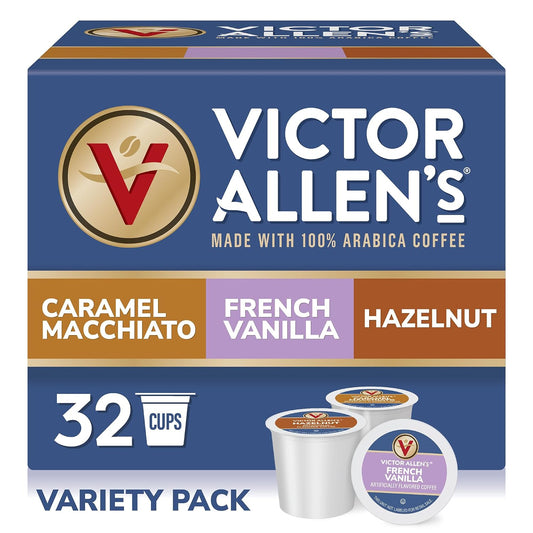 “Victor Allen’s 32-count coffee pod variety pack box with Caramel Macchiato, French Vanilla and Hazelnut flavors.”