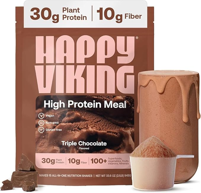 Happy Viking high protein meal package with a scoop of powder and chocolate pieces on a white background