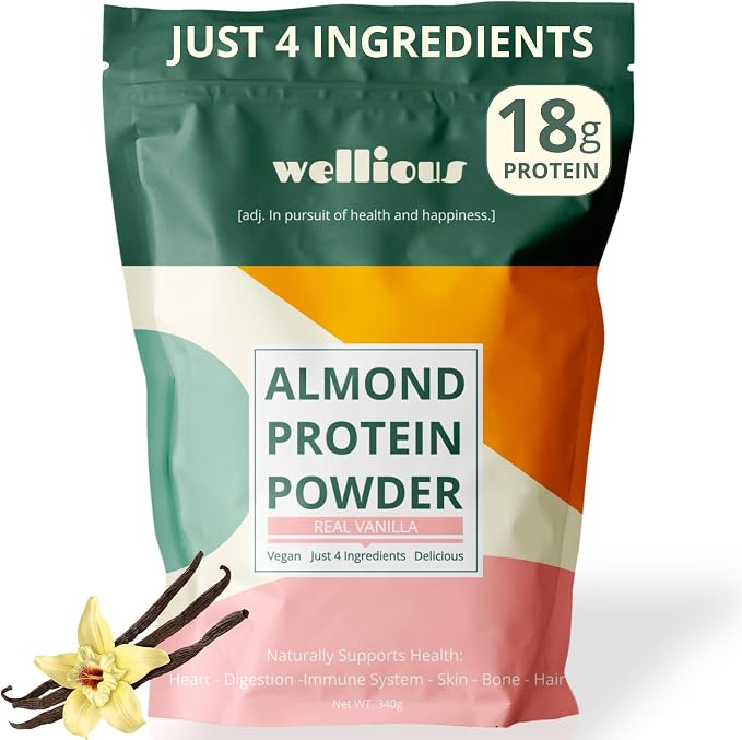 Wellious almond protein powder package with vanilla bean and flower on a white background
