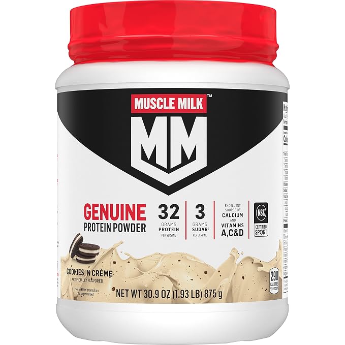 Muscle Milk MM Protein Powder in Cookies 'N Creme flavor, in a 30.9 oz white tub with a red lid and black and white label