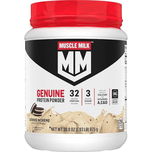 Muscle Milk MM Protein Powder in Cookies 'N Creme flavor, in a 30.9 oz white tub with a red lid and black and white label
