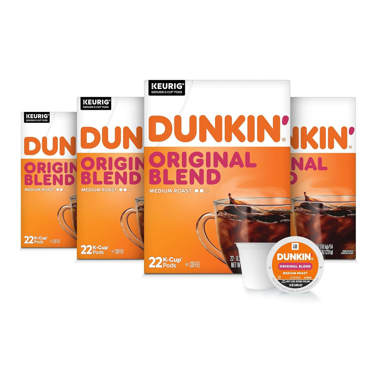 Dunkin’ Original Blend medium roast coffee, four white and orange 22-count K-Cup boxes with two pods