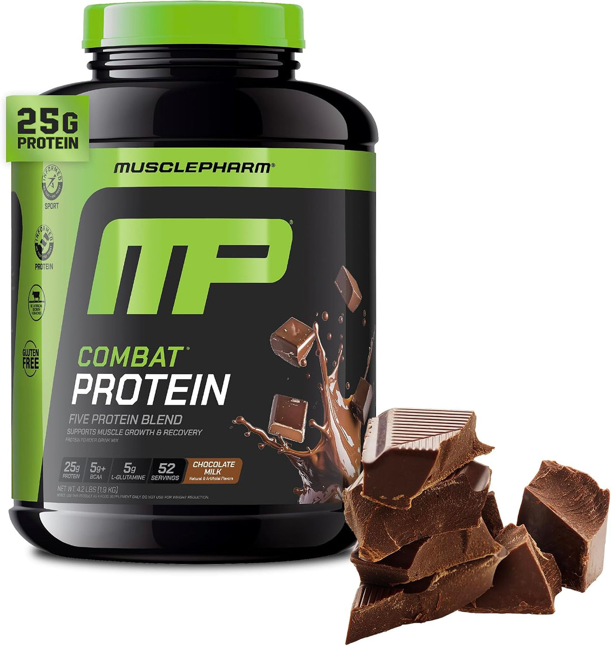 Musclepharm MP Combat Protein powder tub in chocolate flavor, shown with chocolate chunks on a white background.