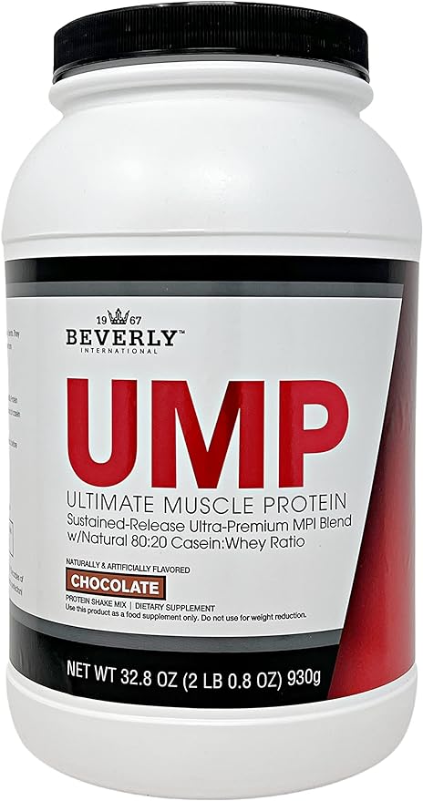 Beverly Nutrition UMP Ultimate Muscle Protein container with black, white, and red design.