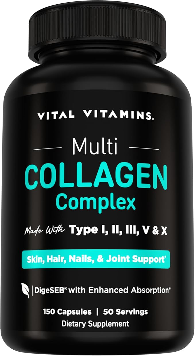 Black bottle of Vital Vitamins Multi Collagen Complex supplement on a white background