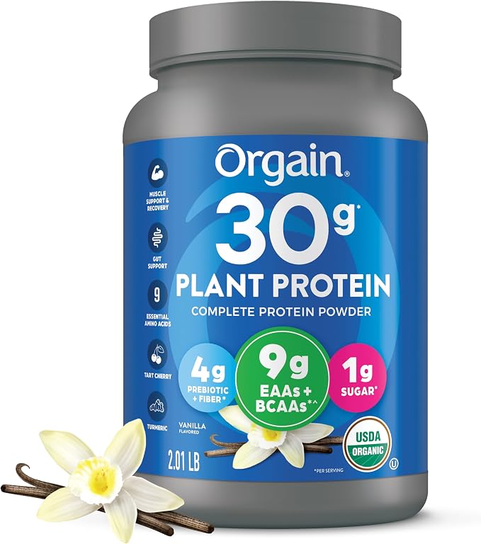 Orgain 30g Plant Protein powder container with vanilla flowers and vanilla bean on a white background