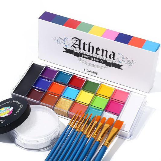 UCANBE Athena face painting kit with colorful oil palette, translucent setting powder and blue-handled brushes