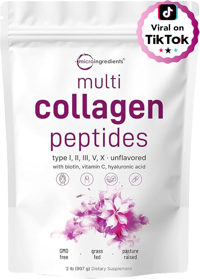 A white stand-up pouch of microingredients multi collagen peptides, featuring purple text and a pink floral graphic near the bottom. A pink and purple 'Viral on TikTok' badge is in the top right corner.