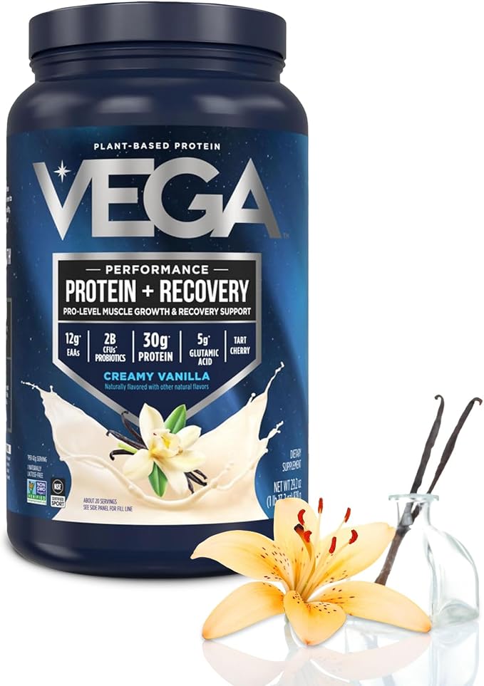 Vega protein powder container with vanilla flower and bottle on a white background