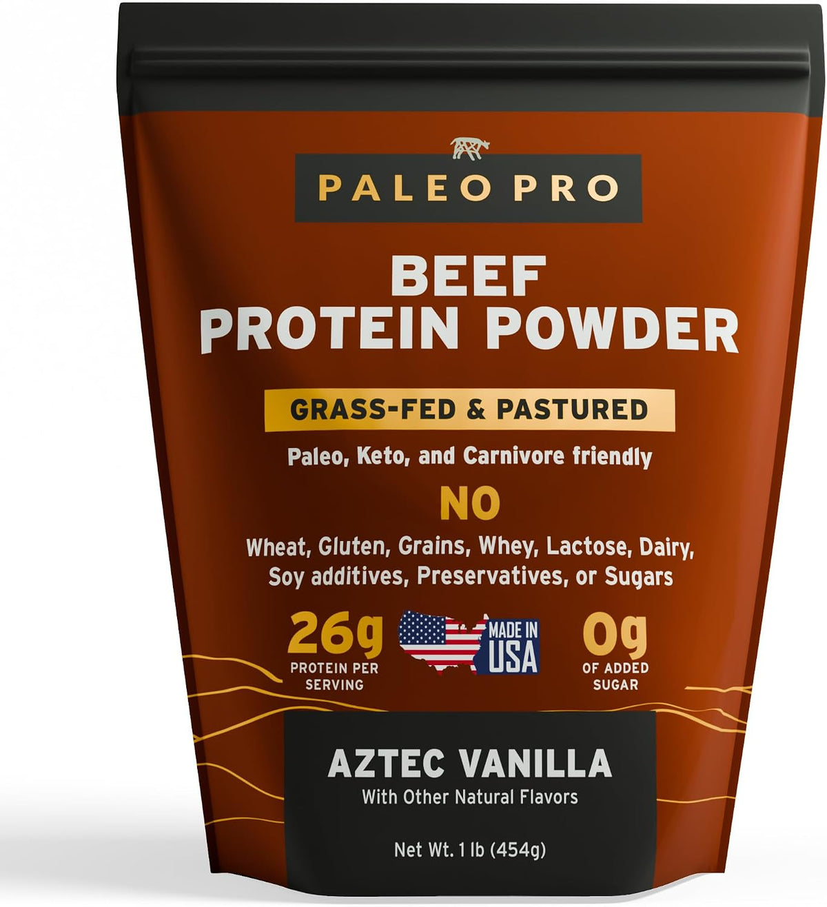 Pouch of Paleo Pro beef protein powder with branding and product details on a white background