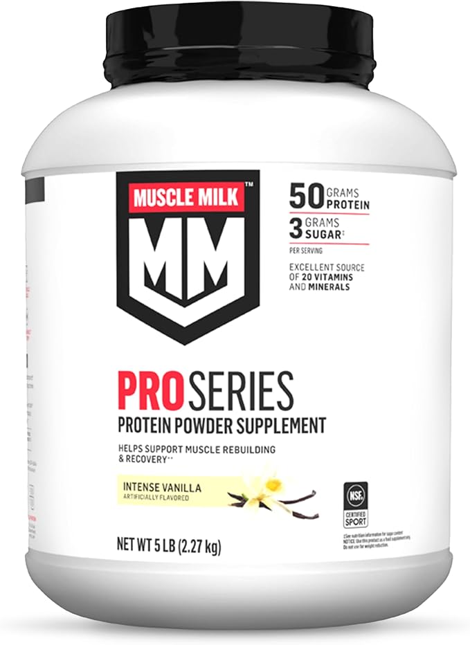 A 5 lb tub of Muscle Milk Pro Series Protein Powder Supplement in Intense Vanilla flavor, featuring a white container with a black lid and a white label with red and black branding.