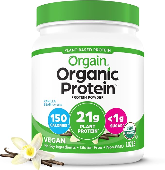 Orgain Organic Protein powder container with vanilla bean and flower on a white background