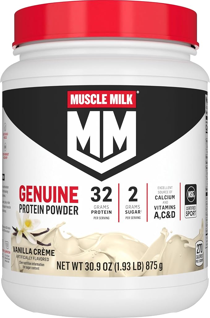 Muscle Milk Vanilla Crème protein powder in a white plastic tub with a red lid and a black, white, and red label.