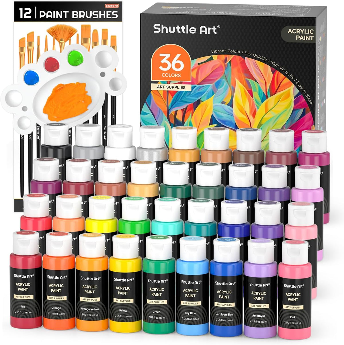 Shuttle Art acrylic paint set with 36 color bottles, 12 brushes, mixing palette and black packaging