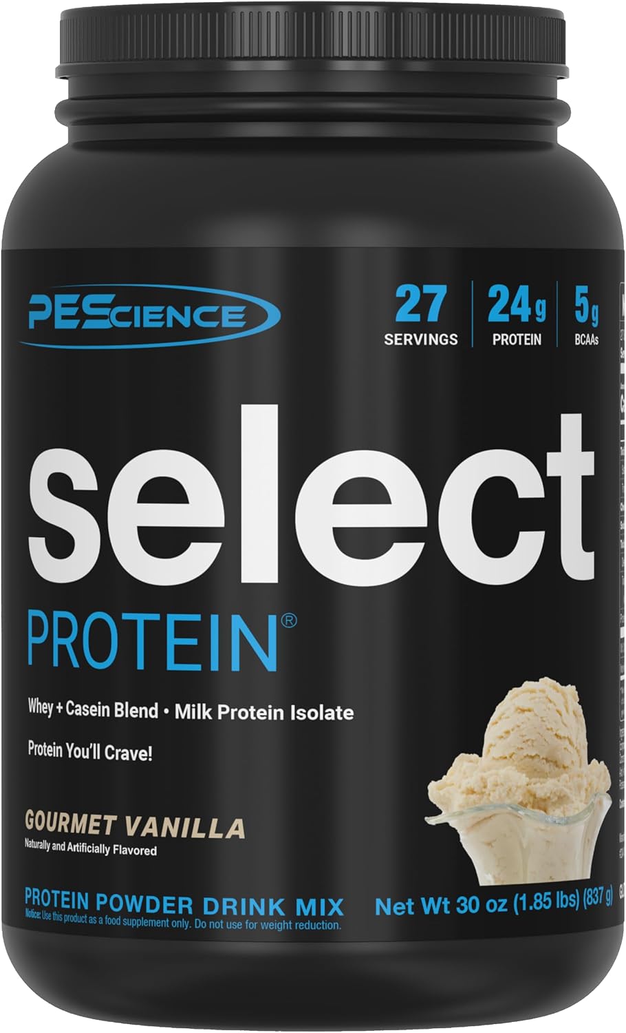 A 30 oz black tub of PEScience Select Protein Gourmet Vanilla flavor drink mix powder, featuring a black label with white and blue text and a vanilla ice cream scoop graphic.