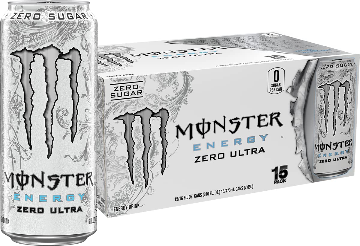 A 15-pack of Monster Energy Zero Ultra energy drinks, featuring a large single can on the left and a matching cardboard box on the right, both with the iconic silver claw logo and white, gray, and blue packaging.
 Monster Energy Zero Ultra sugar free energy drink 16 oz can