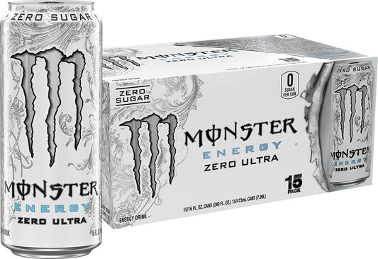 A 15-pack of Monster Energy Zero Ultra energy drinks, featuring a large single can on the left and a matching cardboard box on the right, both with the iconic silver claw logo and white, gray, and blue packaging.
 Monster Energy Zero Ultra sugar free energy drink 16 oz can