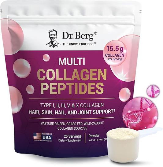 Dr. Berg unflavored multi collagen peptides powder, types I, II, III, V and X, 25 servings⠋