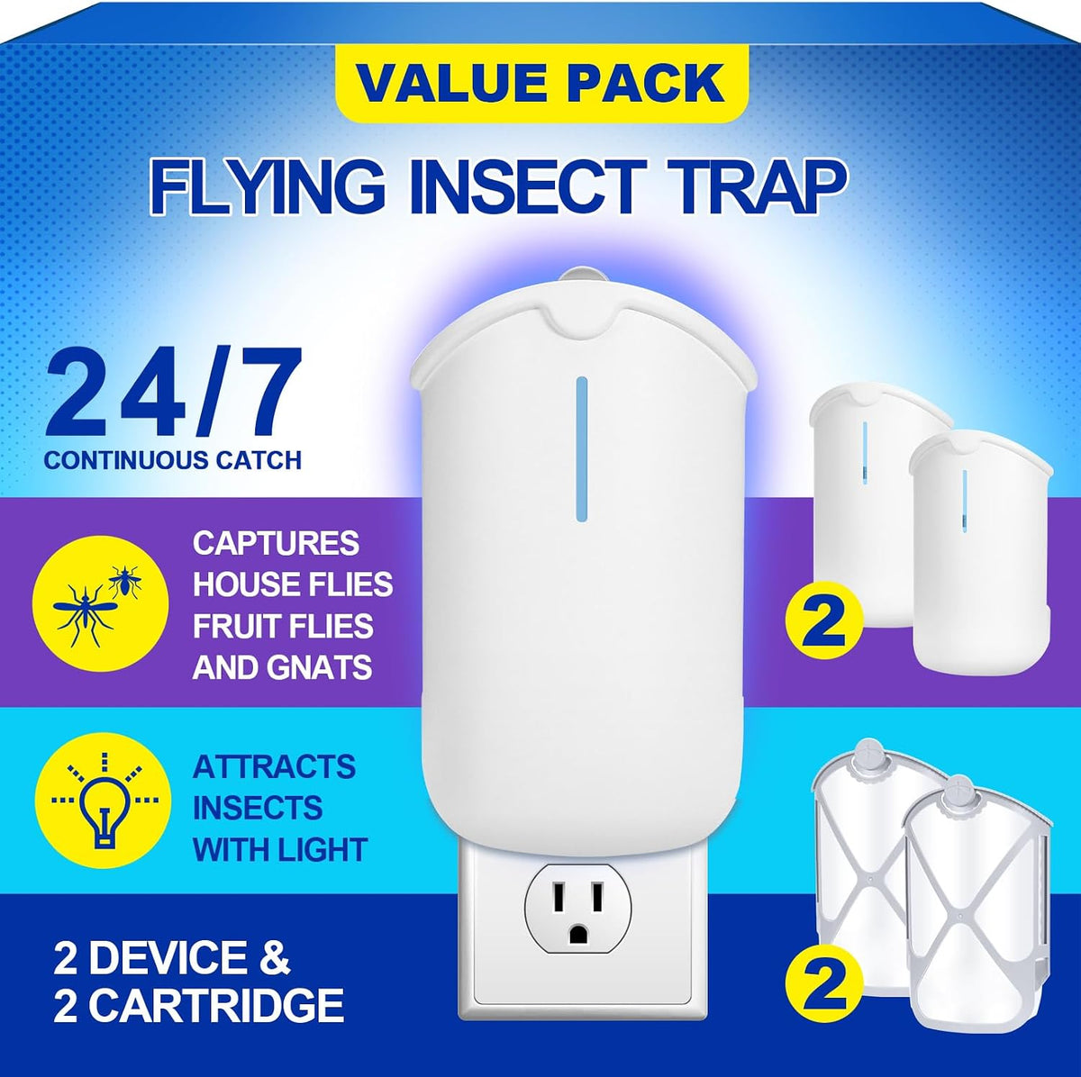 Flying insect trap packaging with two devices and two cartridges on a blue background