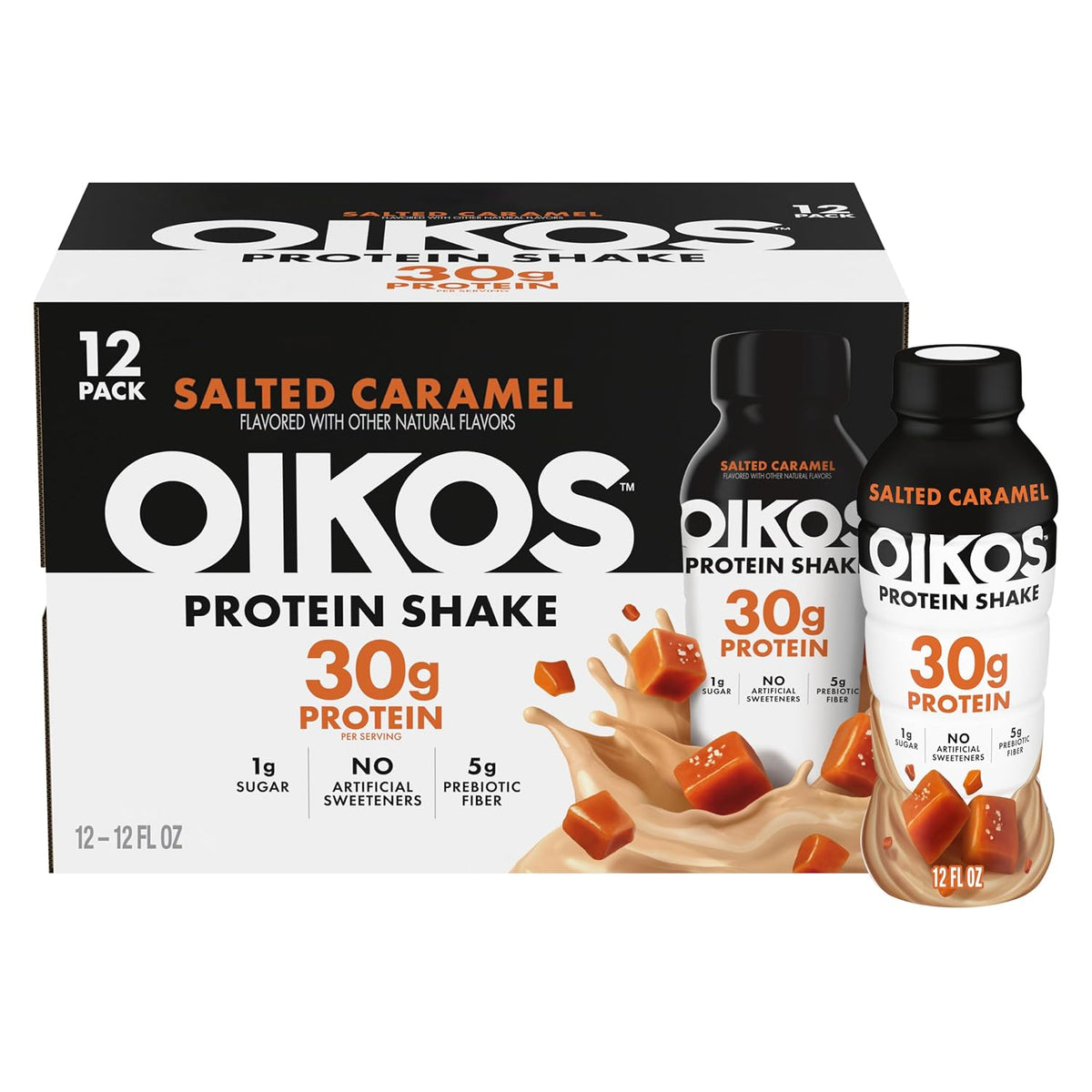 Oikos 30g salted caramel protein shake 12 fl oz shelf-stable bottle