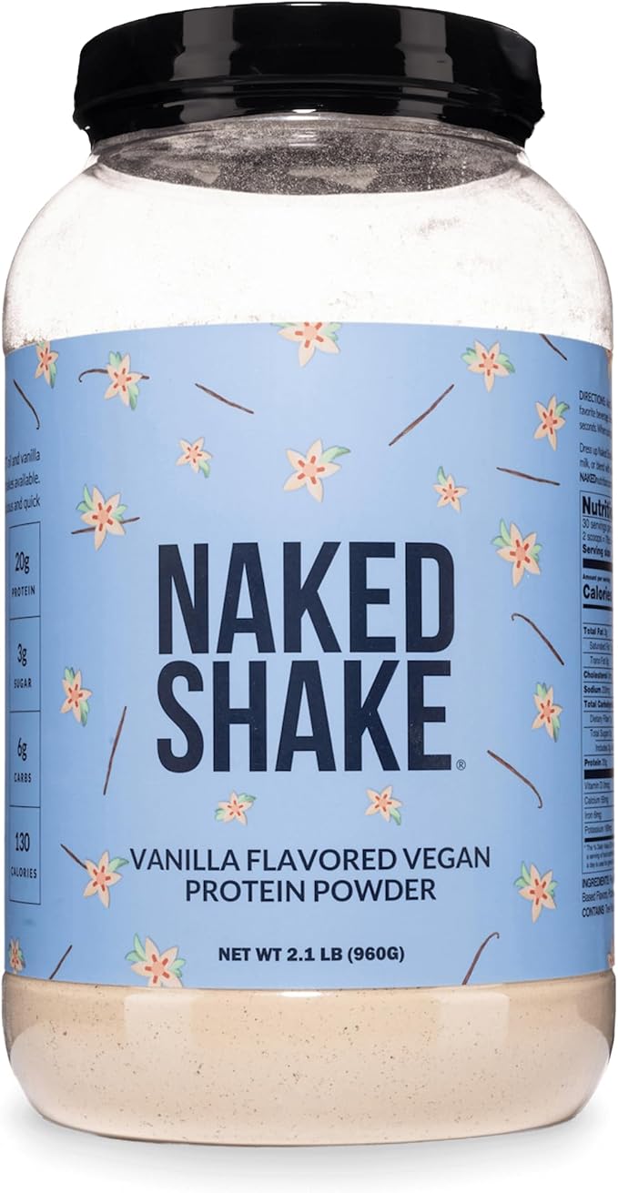 A 2.2 lb jar of Naked Shake Vanilla Flavored Vegan Protein Powder.
