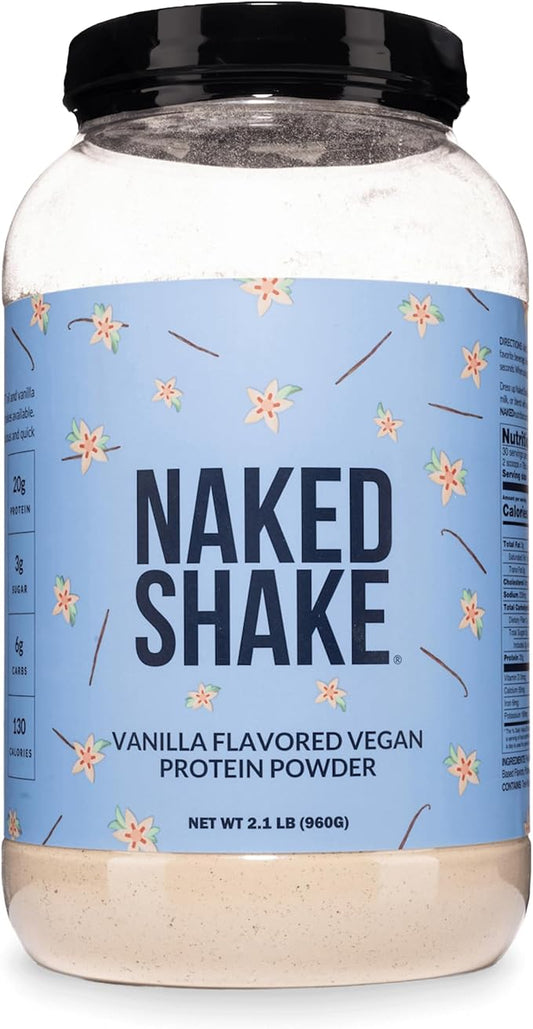 A 2.2 lb jar of Naked Shake Vanilla Flavored Vegan Protein Powder.