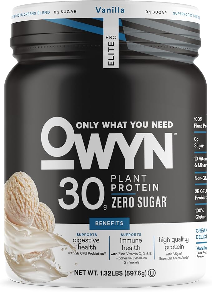 A tub of Owyn Elite 30g Plant Protein powder in Vanilla flavor. The container is black with white and blue text, featuring vanilla ice cream scoops on the lower left side.
