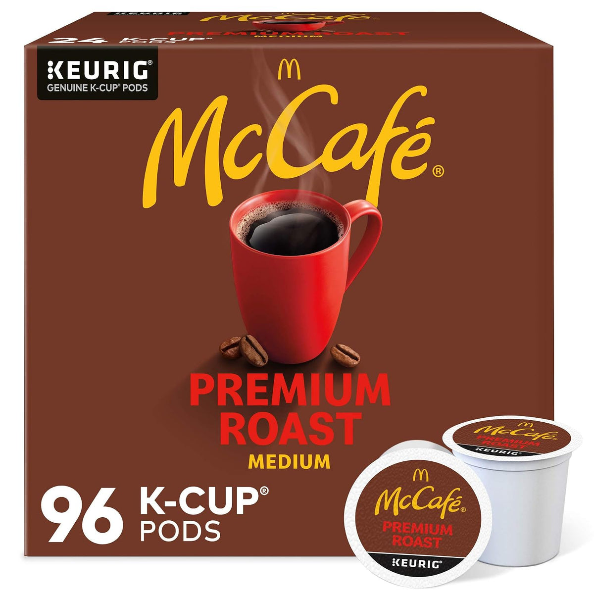 McCafe Premium Roast medium roast coffee, brown box with 96-count K-Cup label, red mug artwork and two pods
