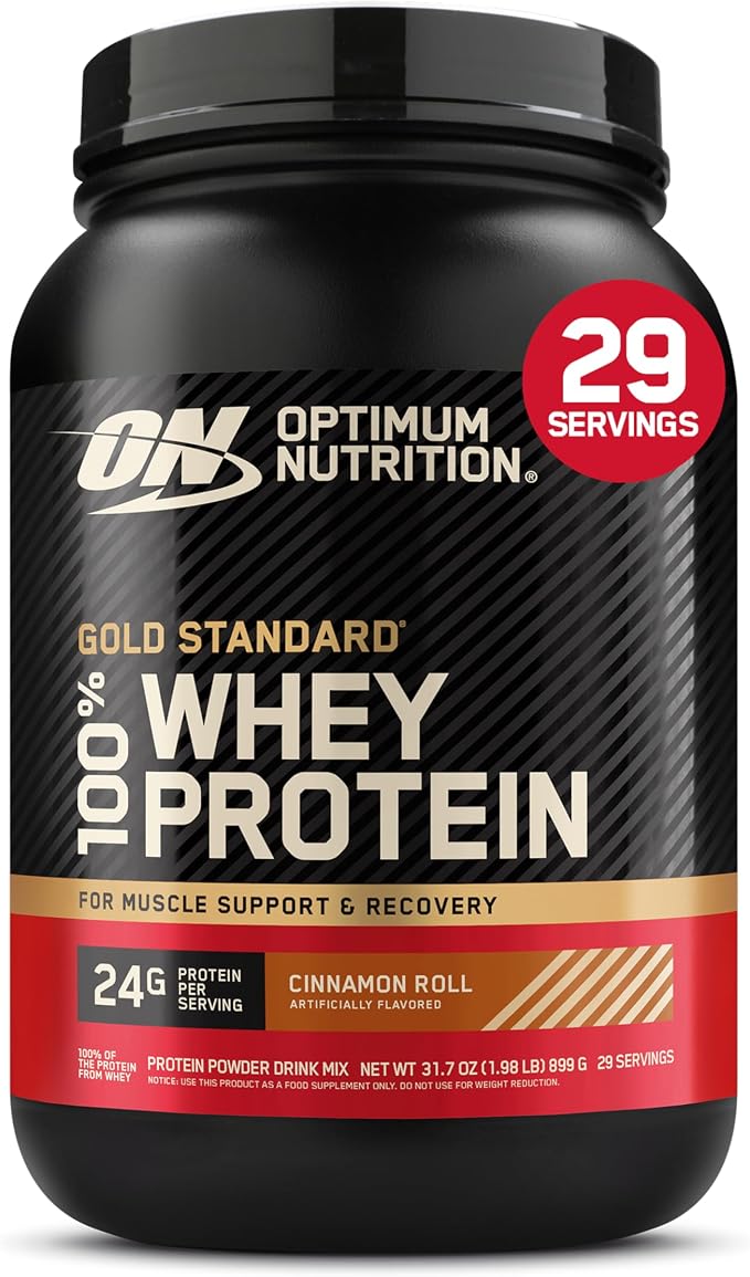 Optimum Nutrition Gold Standard 100% Whey Protein container with cinnamon roll flavor on a black background