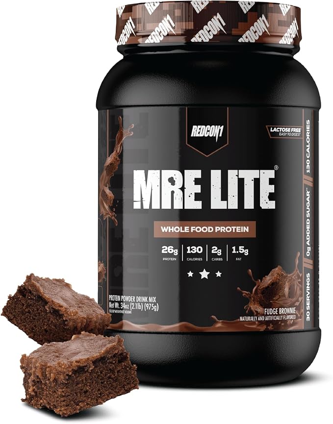 MRE Lite whole food protein powder container with brownies on a white background