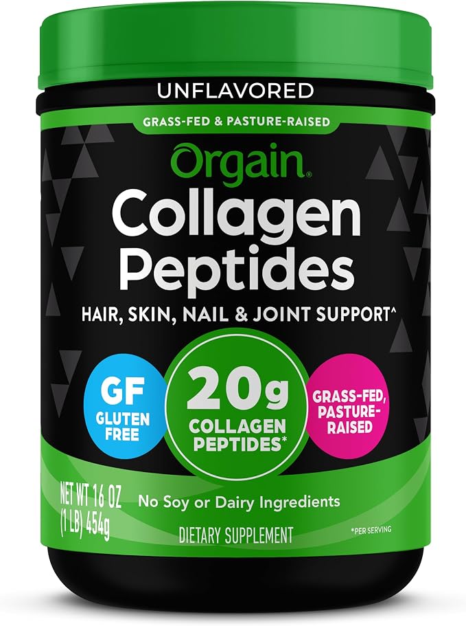 A container of Orgain Unflavored Collagen Peptides dietary supplement, featuring a black label with green accents, white text, and three colored badges indicating gluten free, 20g collagen peptides, and grass-fed, pasture-raised.