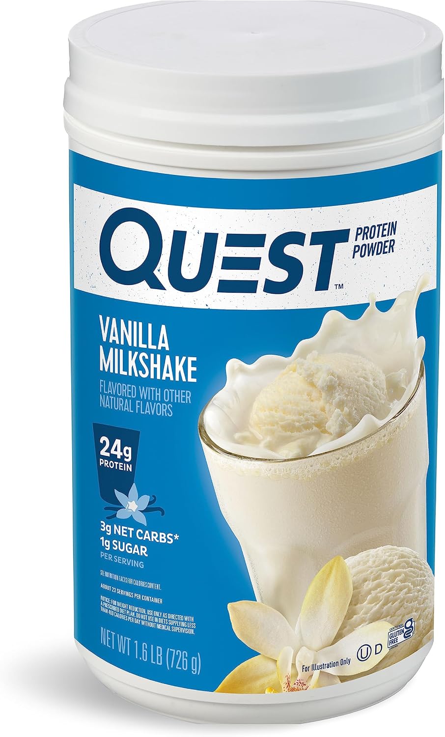 Quest Vanilla Milkshake protein powder container on a white background
