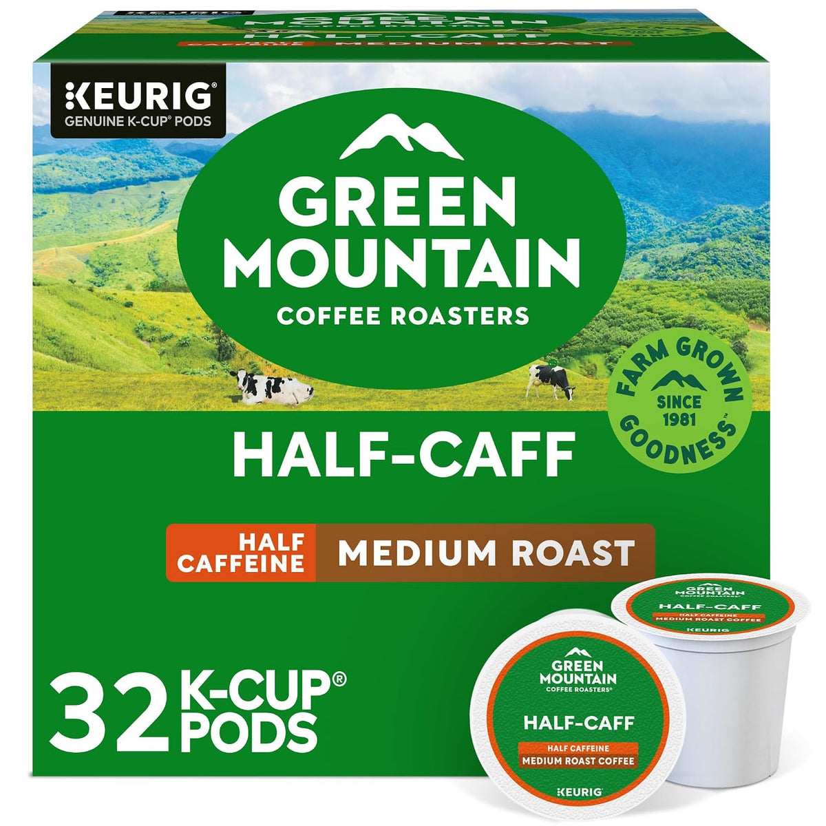 “Green Mountain Coffee Roasters Half Caff medium roast, 32-count Keurig K-Cup pod box with two pods in front.”