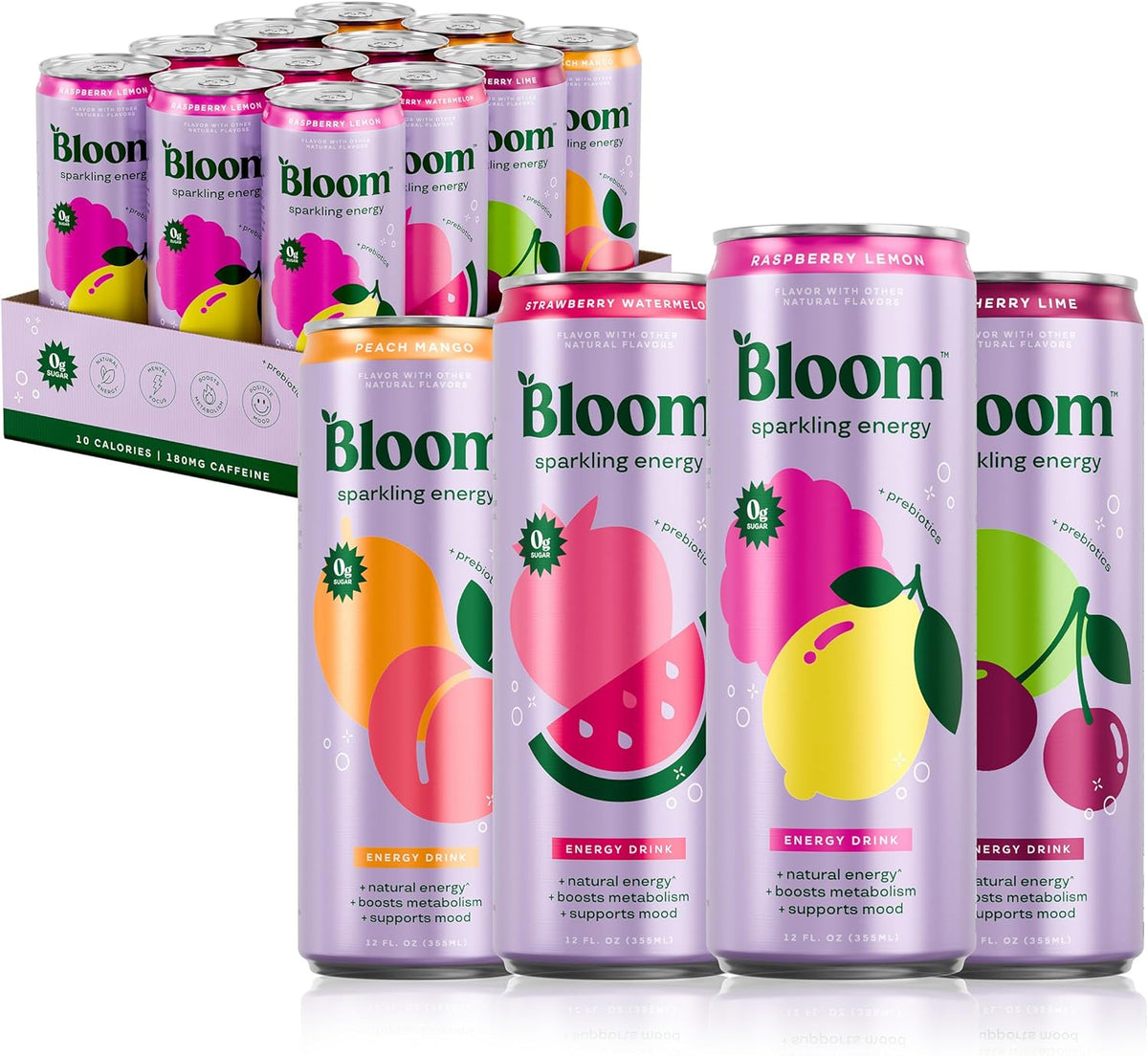A retail display box and individual cans of Bloom Sparkling Energy drink on a clean white background. The cans feature pastel purple packaging with colorful fruit illustrations and green Bloom branding.