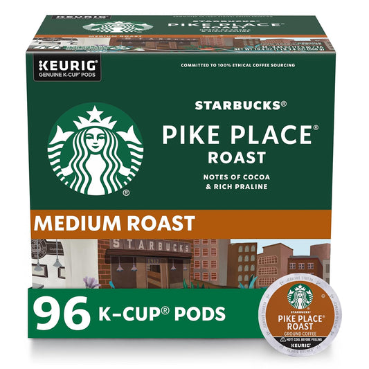 Starbucks Pike Place Roast medium roast coffee, green 96-count K-Cup box with an orange-label Keurig pod