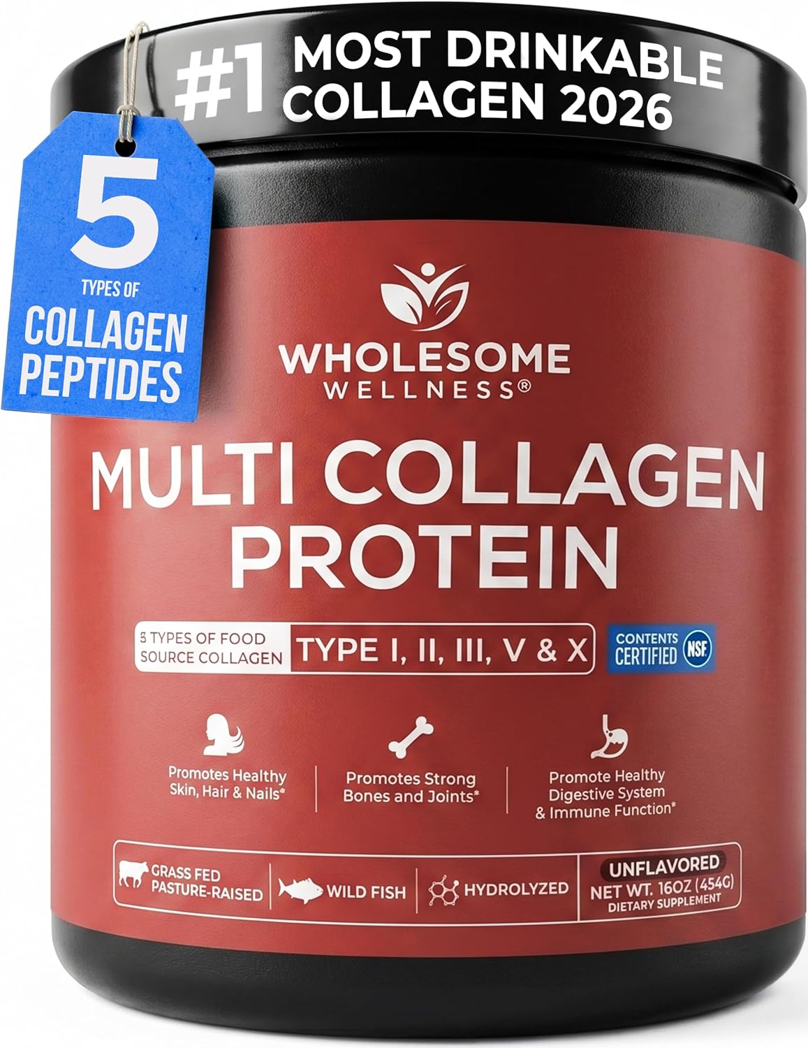 Wholesome Wellness Premium Multi Collagen Peptides unflavored powder, product packaging