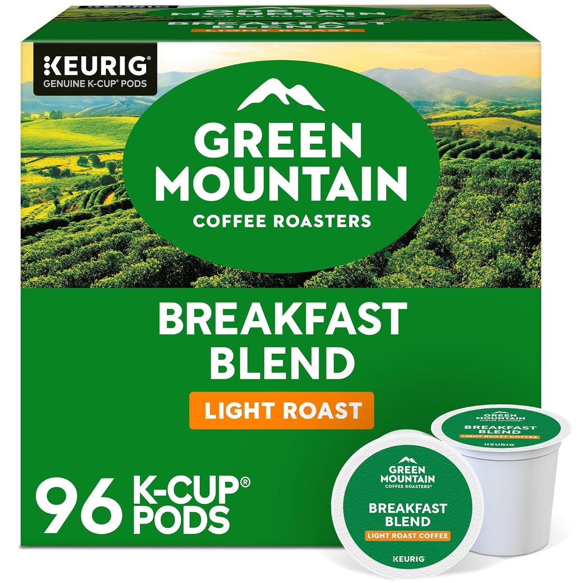 Green Mountain Breakfast Blend light roast coffee, green 96-count K-Cup box with landscape artwork and two pods
