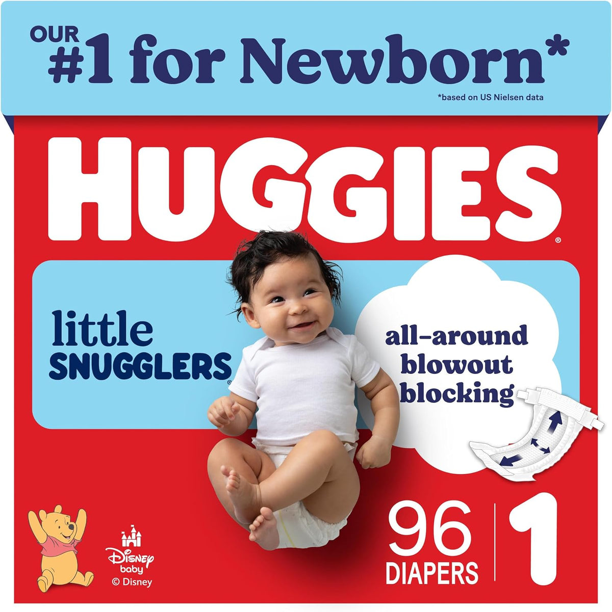 Huggies Little Snugglers diaper box labeled Size 1 and 96 diapers, with a smiling baby and blowout protection illustration