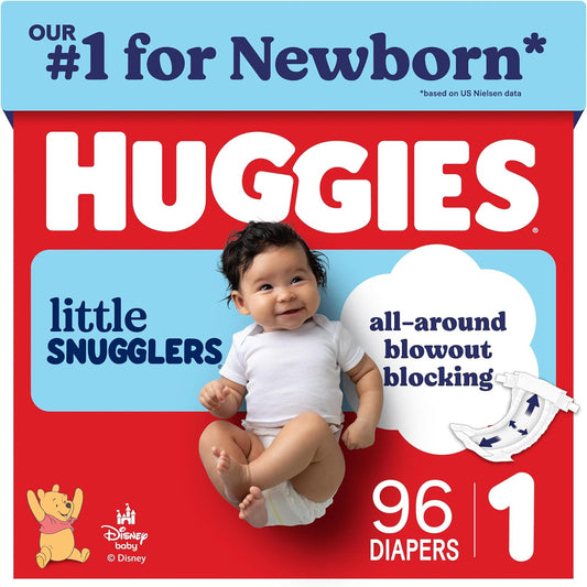 Huggies Little Snugglers diaper box labeled Size 1 and 96 diapers, with a smiling baby and blowout protection illustration