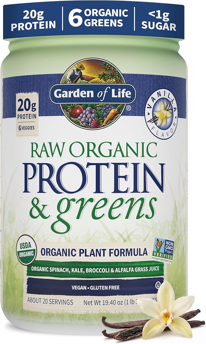 Garden of Life Raw Organic Protein & Greens vanilla-flavored powder in a white and green jar with blue accents, shown on a white background with vanilla flower and bean props at the bottom.