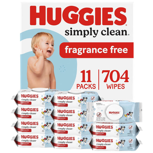 Huggies Simply Clean fragrance-free wipes box with 11 light-blue packs featuring Mickey Mouse, totaling 704 wipes