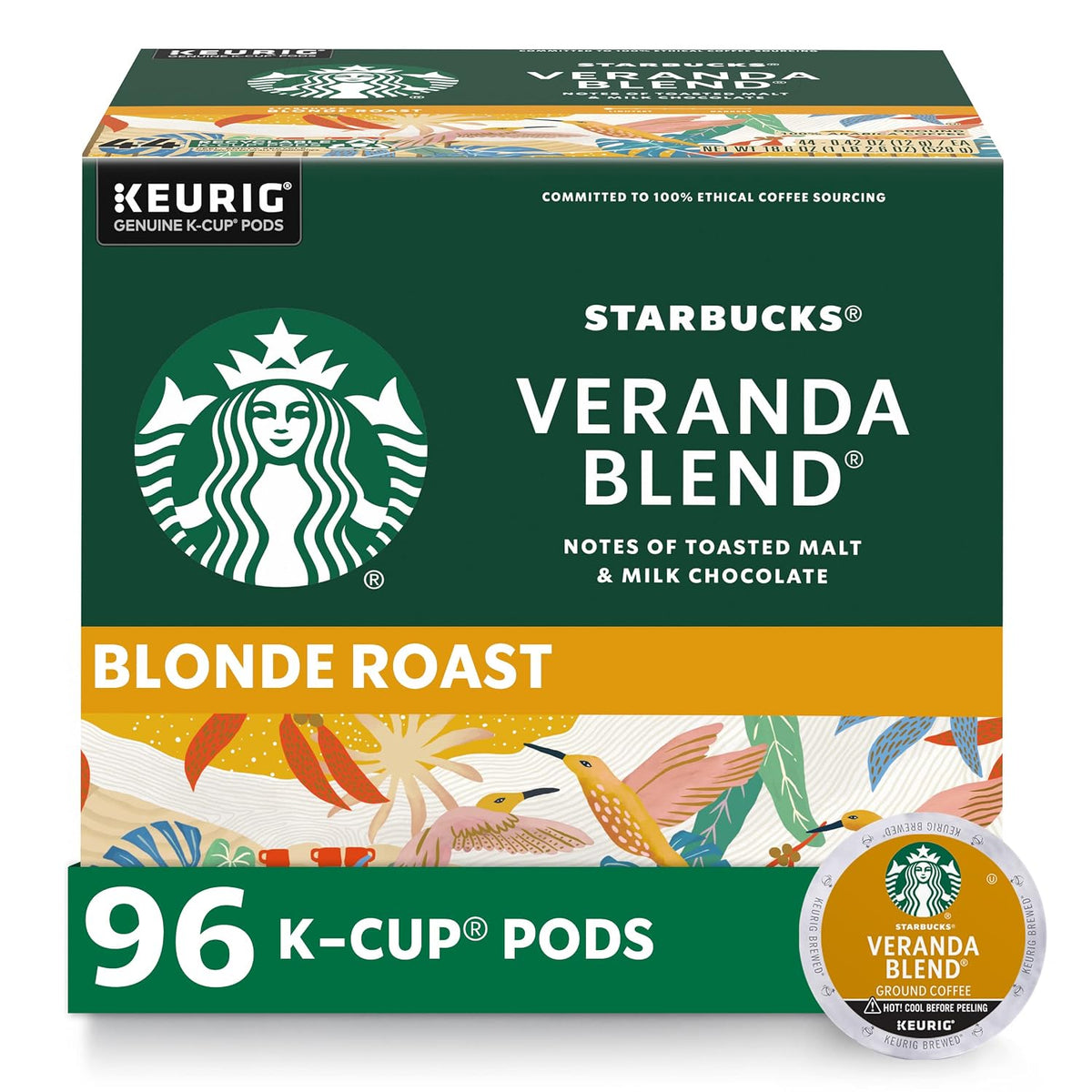 Starbucks Veranda Blend Blonde Roast coffee, green 96-count K-Cup box with bird artwork and yellow-labeled pod