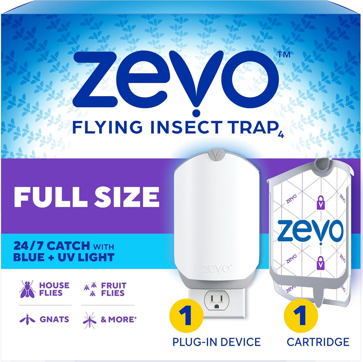 Zevo flying insect trap packaging with plug-in device and cartridge on a blue and purple background.