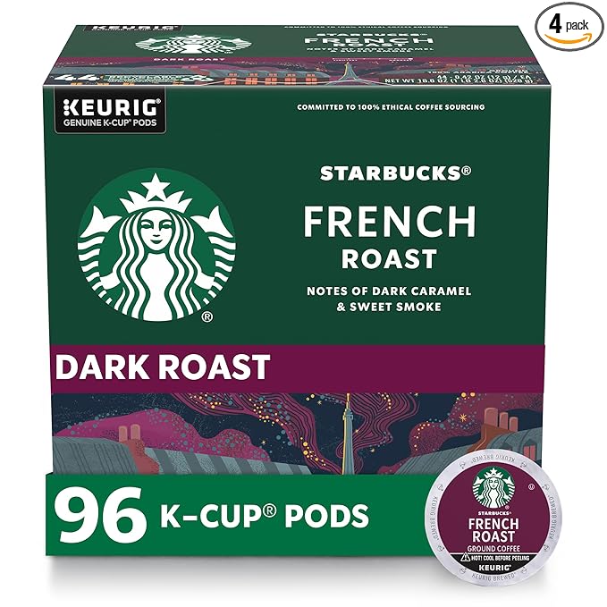 Starbucks French Roast dark roast coffee, green 96-count K-Cup pod box with a single Keurig pod